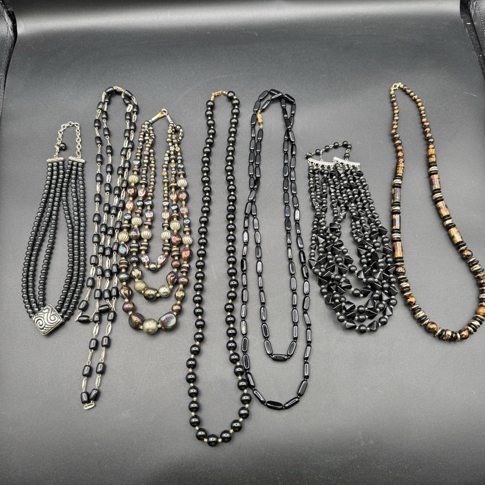 Vintage 7 Black Glass Beads Gold Tone Strand Necklaces Costume Jewelry